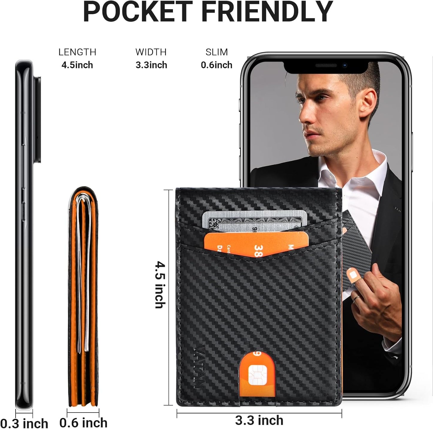 VATAN Wallet for Men, Mens Minimalist Wallet Credit Card Holder, Slim Leather Rfid 2 ID Window Large Capacity With Gift Box (Carbon Black and Orange)