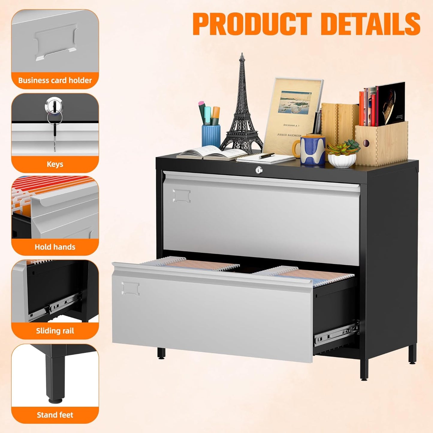 Metal Lateral File Cabinet with 2 Drawers, Wide Lateral Filing Cabinet with Lock for Hanging Files Letter/Legal/F4/A4 Size for Home Office School, Black and Grey, Assembly Required