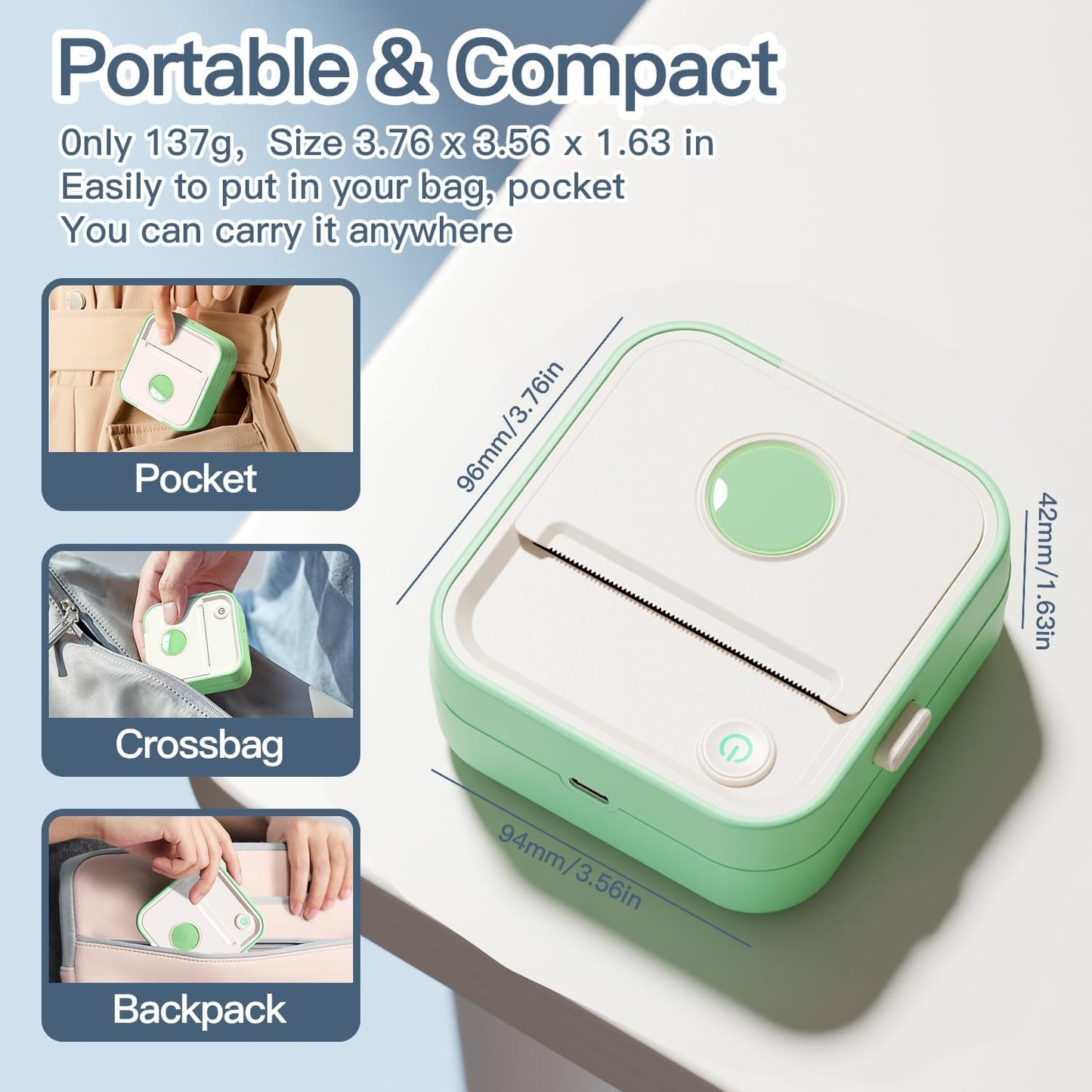 Label Maker Machine, HD Mini Sticker Printer with 7 Rolls Paper, Portable Thermal Print Pod Supports 12-57mm Papers, Bluetooth Pocket Printer for Home, Kitchen, School (Green)