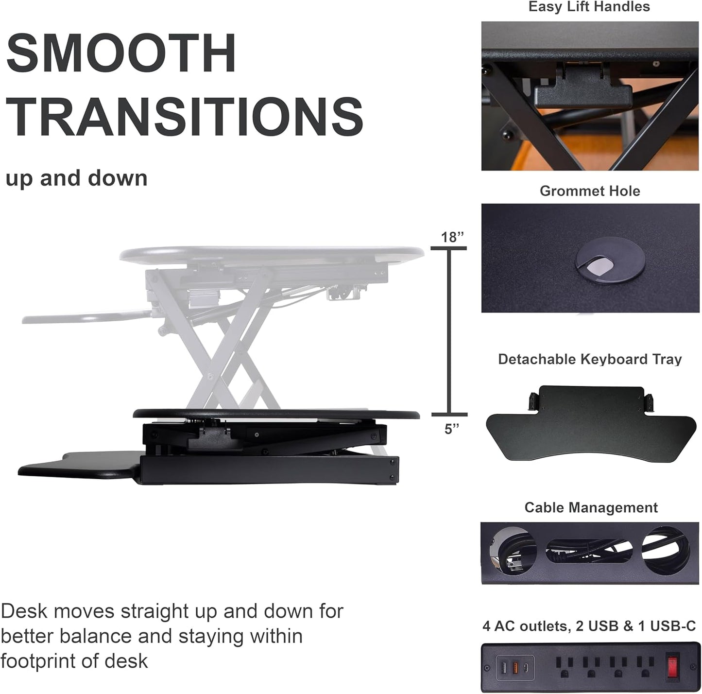 Rocelco 46" Height Adjustable Corner Standing Desk Converter with AC Outlet and USB Charger - Sit Stand Up Dual Monitor Tabletop Riser Workstation - Large Keyboard Tray - Black (R CADRB-46-ACUSB)
