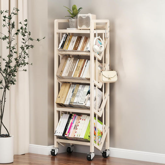 Bookshelf Movable Book Cart Multi-Layer Storage Rack Large-Capacity Rolling Cart L-Shaped Carbon Steel Shelf Suitable for Storing Books, Magazines, Newspapers, Shoes