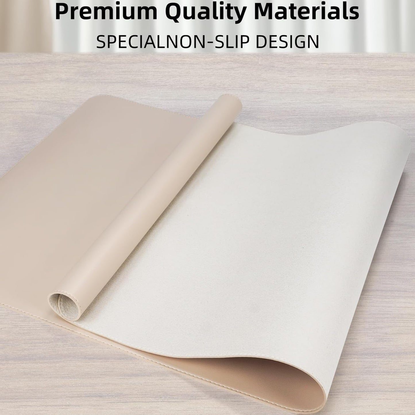 Leather Desk Pad Protector Large Mouse Pad, Stitched Locking Edge Non-Slip PU Leather Desk Mat Laptop Desk Pad Blotter, Waterproof Durable Writing Pad for Office and Home (Beige, 120 x 43cm)