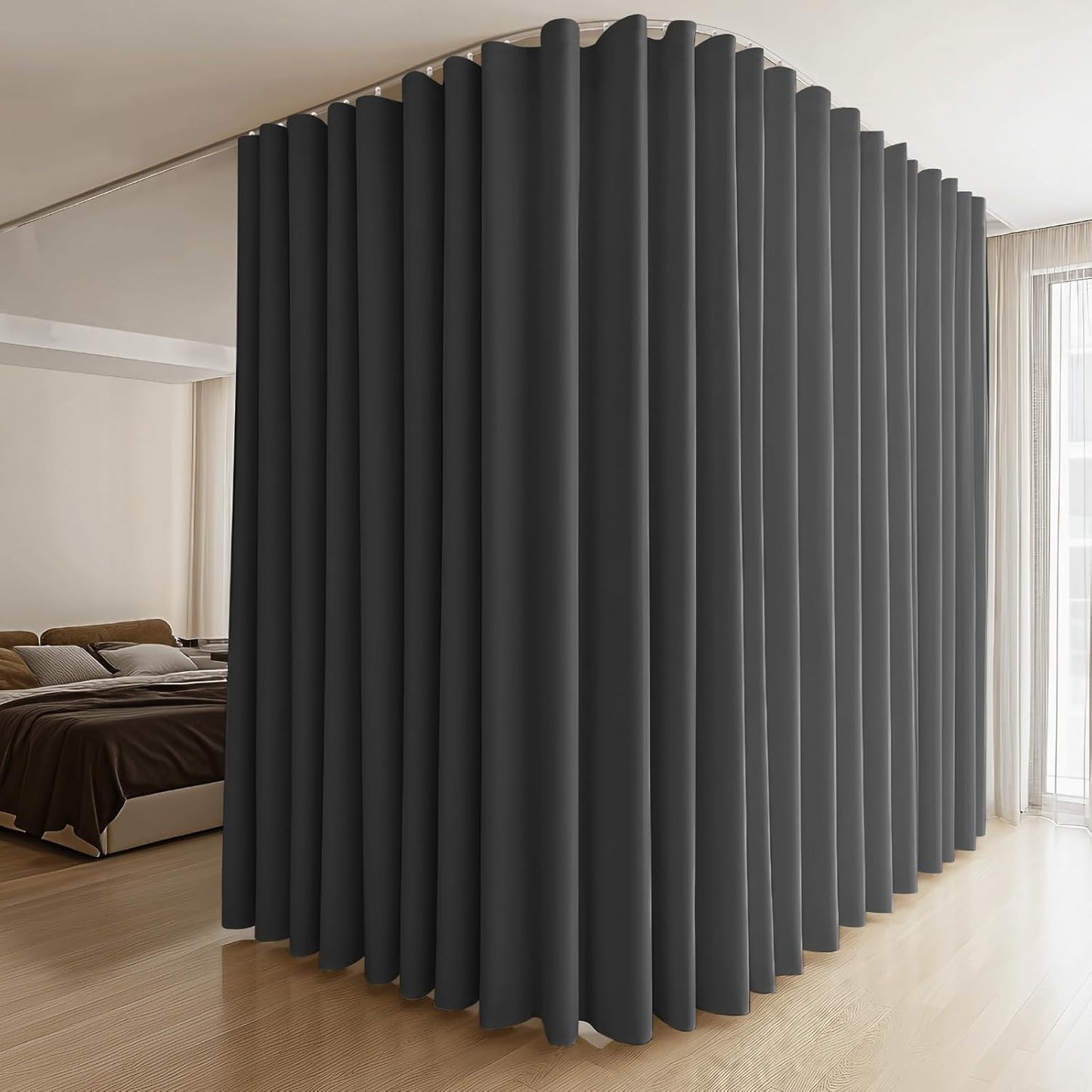 Room Divider Curtains & Flexible Bendable Tracks Set,Privacy Dividers Ceiling Track Curtain Window Blackout Curtains for Living Room Bedroom (W150 × H96 in 1 Panel Black Drape & White Rail)