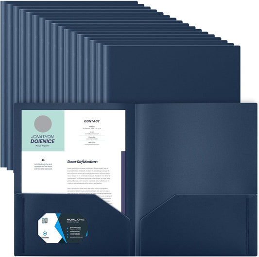 Gueevin 150 Pcs Plastic Folders with Pockets, Two Pocket Folder Fit 8.5 x 11 Inch Letter Size Paper, Heavy Duty School Folders Business Card Holder for Home Office School Bussiness (Dark Blue)