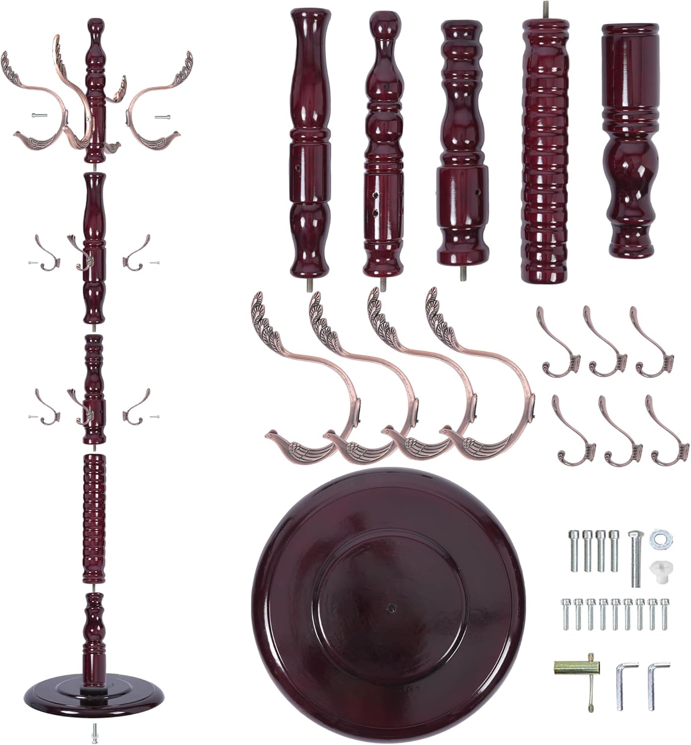 Vintage Free Standing Coat Rack with Disc Base, Solid Wood Coat Hanger Stand with 20 Metal Hooks and 3 Adjustable Size, Standing Coat Rack Tree for Entryway, Bedroom, Hallway, Office, Apartment