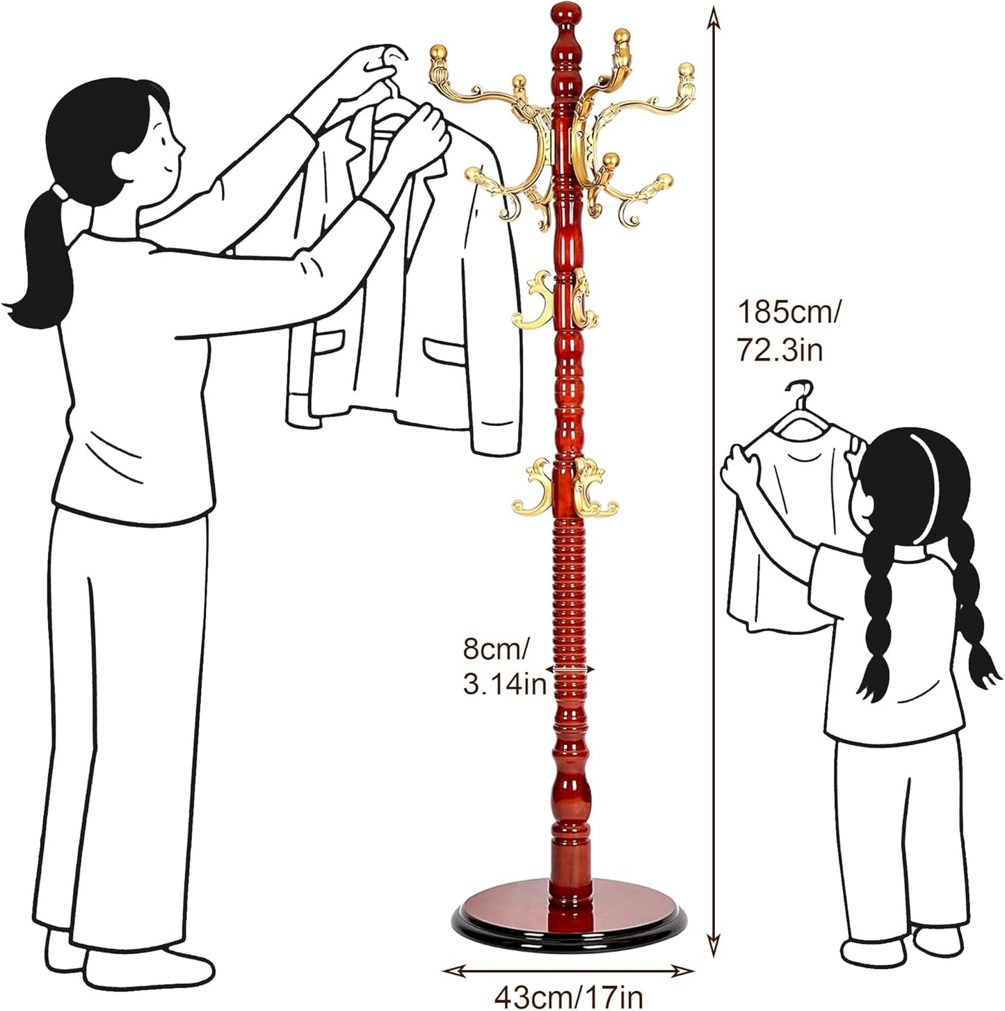 Vintage Free Standing Coat Rack with Disc Base, Solid Wood Coat Hanger Stand with 18 Hooks and 3 Adjustable Size, Standing Coat Rack Tree for Entryway, Bedroom, Hallway, Office, Apartment