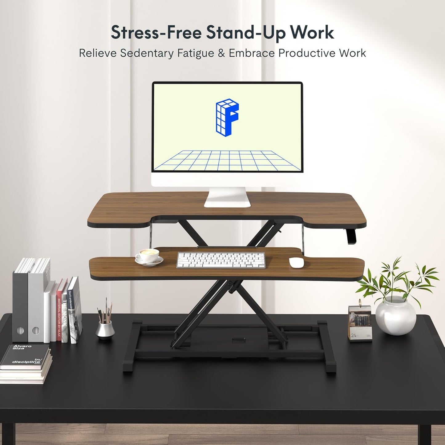 FLEXISPOT Standing Desk Converter 36in Sit to Stand up Riser Height Adjustable Monitor and Laptop Workstation with Spacious 2-Tier Desktop, Walnut Color