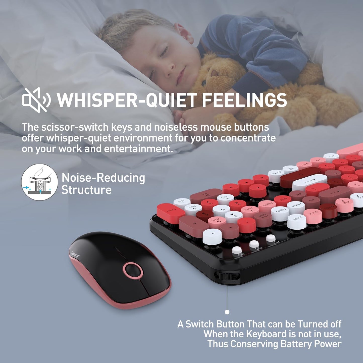 FOPETT Wireless Keyboard and Mouse Combo, 105 Keys Full-Sized 2.4 GHz Round Keycap Colorful Keyboards, USB Receiver Plug and Play, for Windows, Mac, PC, Laptop, Desktop (Blackcolorful)