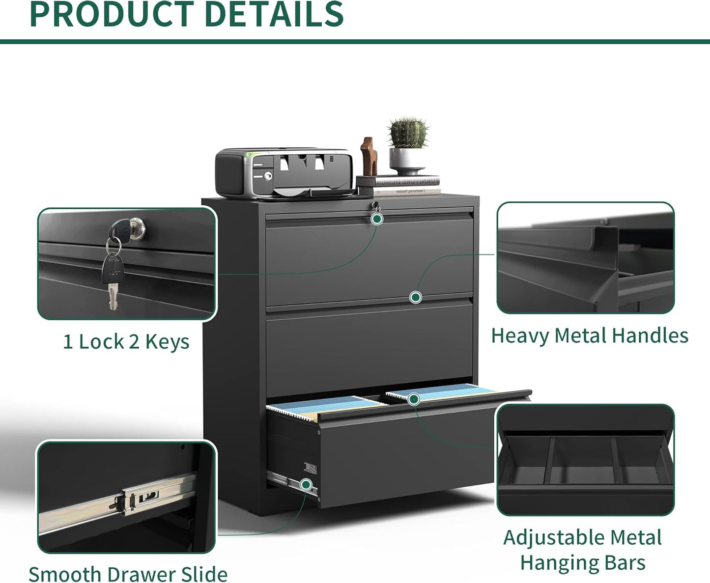 3 Drawer Lateral File Cabinet, File Cabinets for Home Office Legal/Letter A4 Size, File Cabinet with 3 Drawer Cabinet, Require Assembly, Black