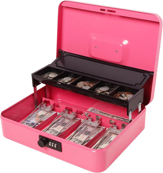 Jssmst Locking Metal Cash Box with Coin Lid, 11.8L x 9.5W x 3.5H Inches, Safe Money Box with Combination Lock, Pink, SM-CB0516P