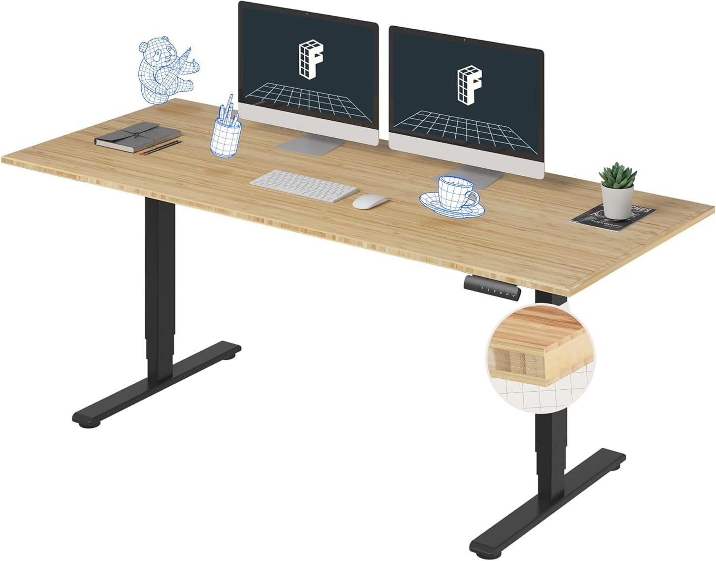 FLEXISPOT E6 Essential Bamboo 3 Stages Dual Motor 72x30 Inch Electric Height Adjustable Standing Whole-Piece Board Desk Sit Stand Up Desk (Black Frame + Bamboo Desktop)