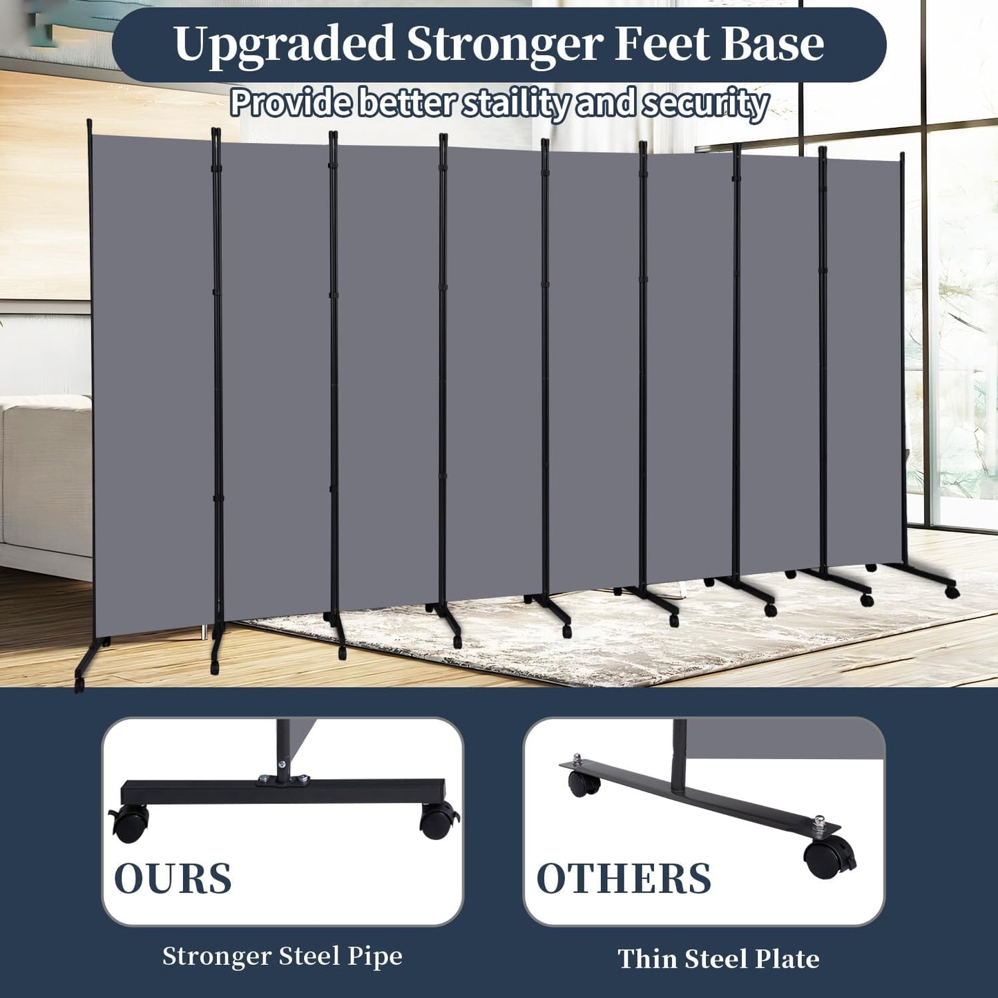 Room Divider Folding Privacy Screens with Lockable Wheels, 176'' Fabric Partition Room Dividers Freestanding Room Divider Panel for Room Separation, Wall Divider for Home Office Bedroom Studio Decor