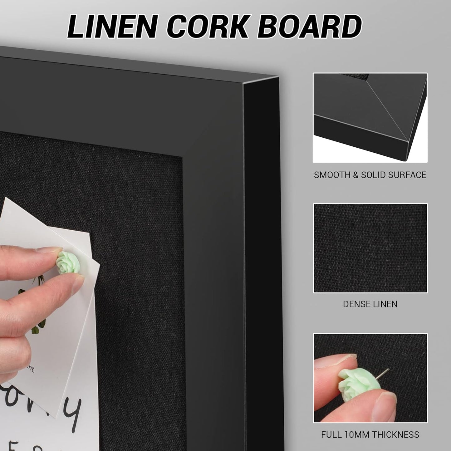 Board2by Black Cork Board Bulletin Board with Linen, Wood Framed 24" x 18" Corkboard, Office Board for Wall Decor, Wall Mounted Pin Board Picture Board with 20 Pushpins for School, Home & Office