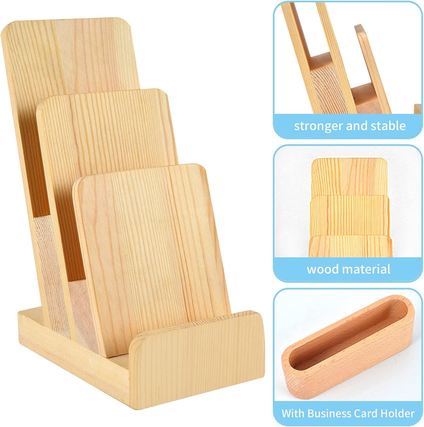 3-Tier Wood Brochure Holder With Business Card Holder Rack Flyer Holder Postcard Display Literature Holder Pamphlet Display Stand For Magazine Flyer Holder Booklets Menu Journals