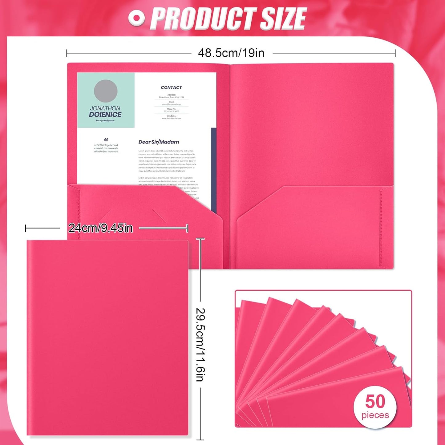Gueevin 50 Pcs Plastic Folders with Pockets, Back to School Two Pocket Folder Fit Letter Size, Heavy Duty School Business Card Holder for Home Office, 11. 61 x 9. 45 Inches (Rose Pink)