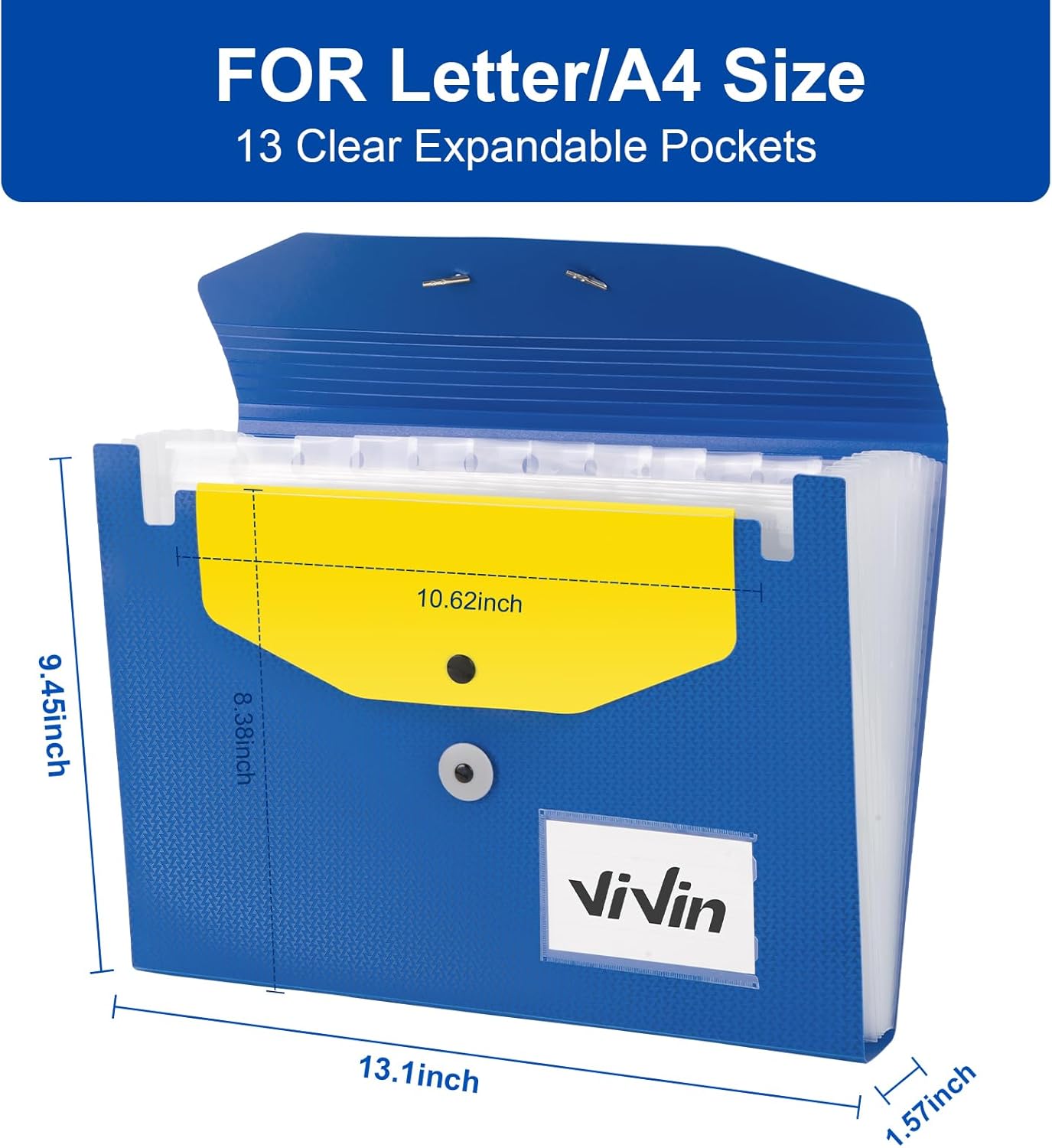 ViVin Expanding File Folder, 13-Pocket Accordion Filing Organizer with Extra Pocket & Labels, Portable Expandable Poly Folio for Documents Receipt Bills Invoice, Letter/A4 Size - Blue