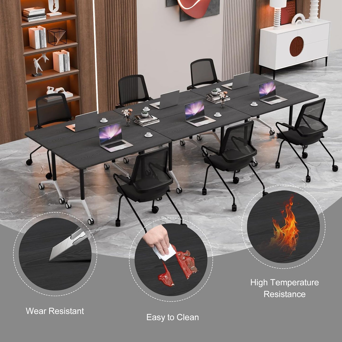 Conference Room Table with Flip-Top Design for Dynamic Meetings, Business Table Computer Desk with Heavy-Duty Frame,Foldable Seminar Meeting Tables for Home Office (4, F, 61IN)