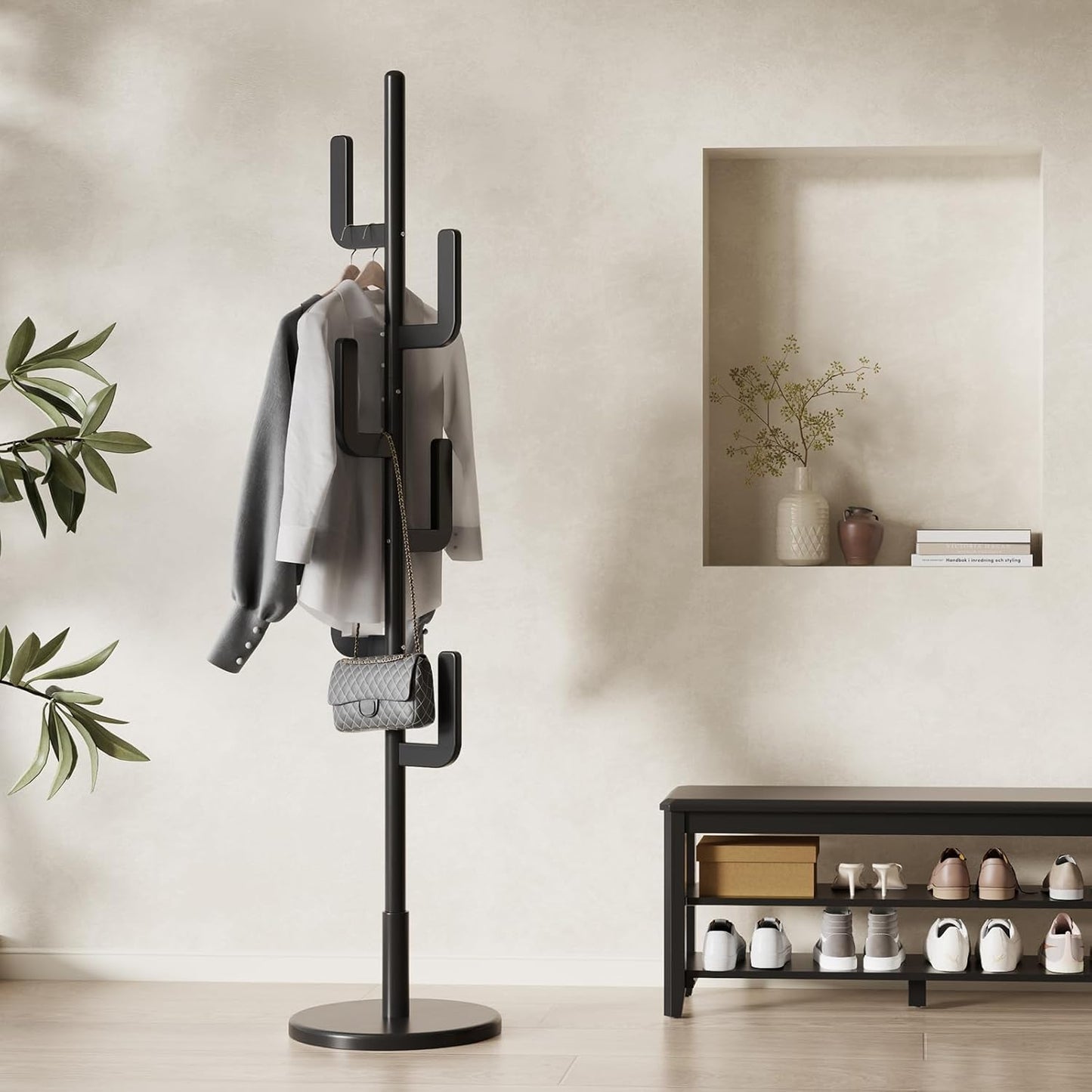 Solid Wood Cactus Coat Rack, Freestanding Coat Rack With 6 L-Shaped Hooks and 3 Adjustable Sizes, Coat Tree for Bedroom, Entryway, Livingroom, Coat Hanger Stand for Coats, Handbags (Black)