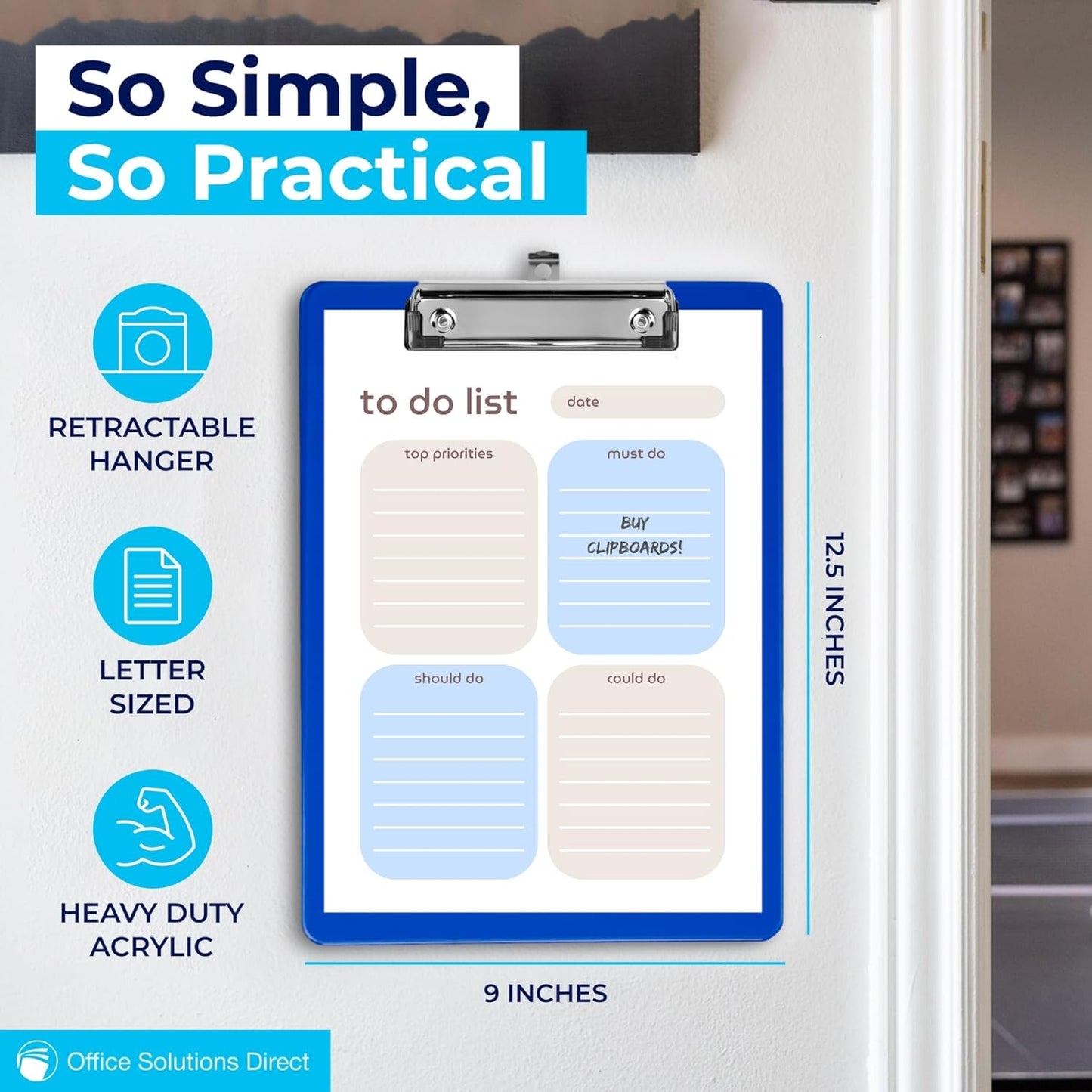 Blue Plastic Clipboard with Low Profile Clip (Pack of 6) - Letter Size Clip Board Blue with Flat Clip, A4 Size Acrylic Clipboard for Boys and Girls | Cute Aesthetic College & Back to School Supplies