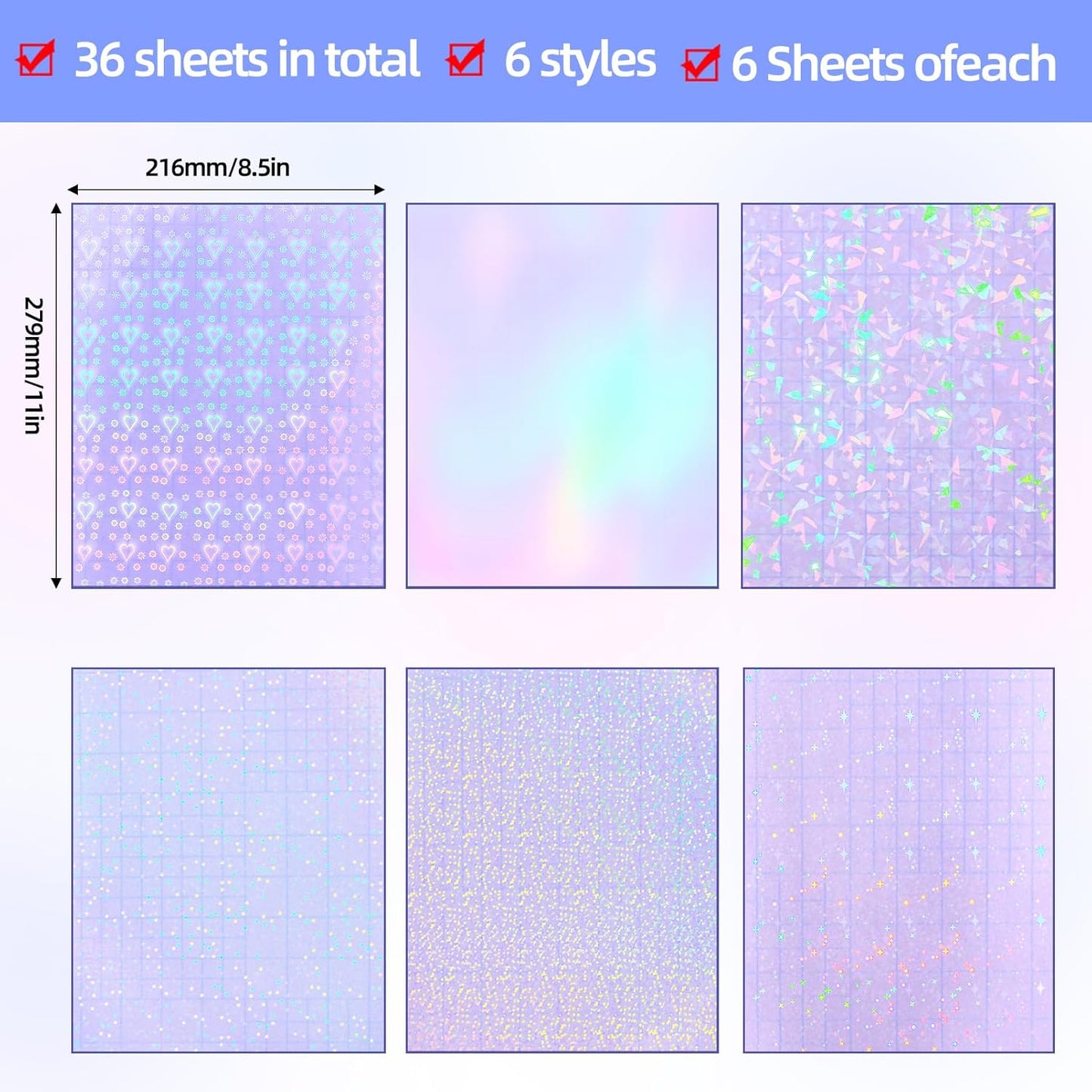 36 Sheets Holographic Sticker Paper, Clear Vinyl Lamination Sticker Film Self Adhesive, Transparent Overlay Laminate Sticker Paper Waterproof-Gem/Dots/Sand Star/Rainbow/Star/Heart, 8.5x11 Inch