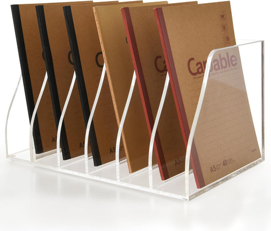 Acrylic Magazine File Holder, 6 Vertical Compartments Desk Document Sorter Organizer, Clear Folder Rack Binder for Office/Home/Classroom, for Documents, Tablet, Magazines, Books & Accessories