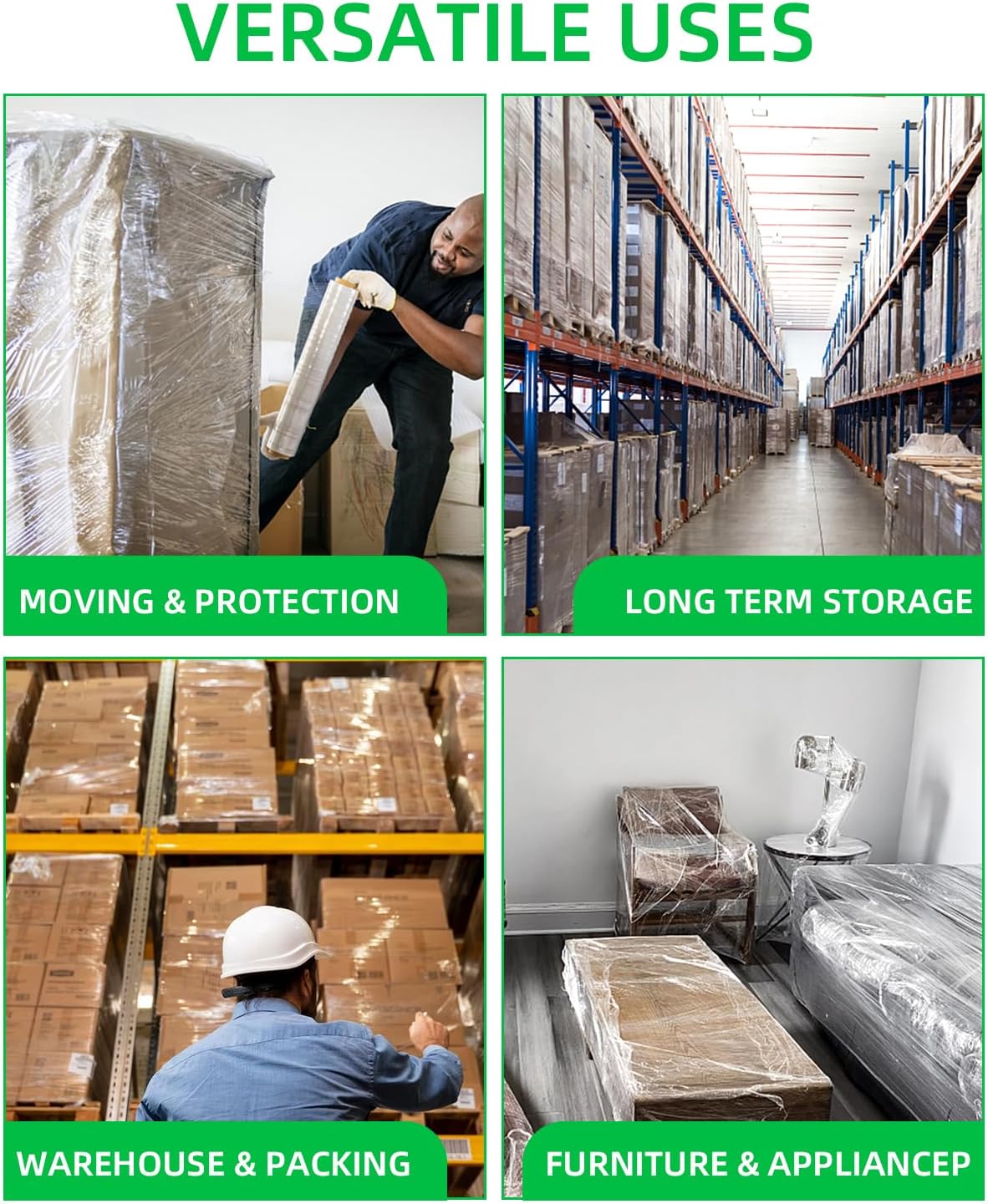 Stretch Wrap Roll - Heavy Duty Industrial Strength 18inch 1500ft,Clear Cling Shrink Wrap Film Roll 80 Gauge - Ideal for Furniture, Moving, Shipping, and Pallet Packing(Clear-4Pack)