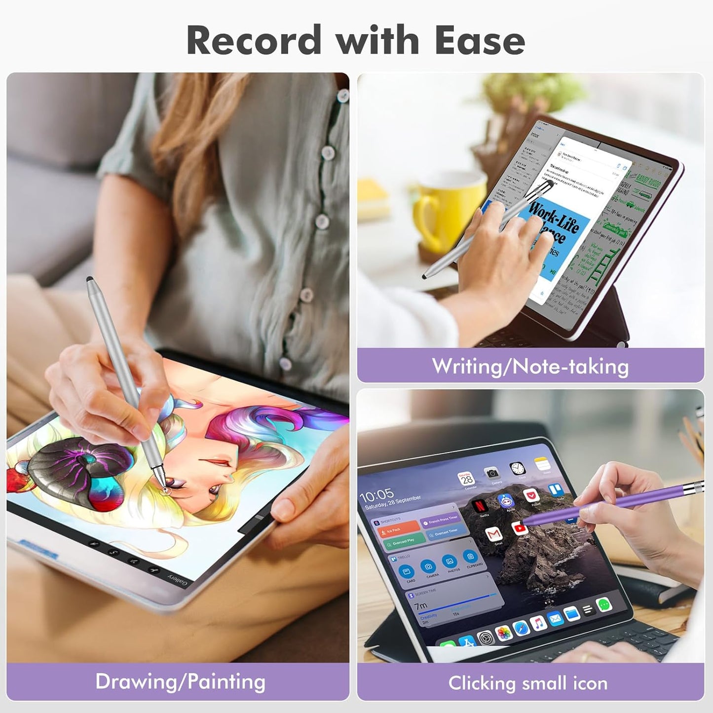 MEKO 3 in 1 Stylus Pens for Touch Screens, High Sensitivity & Precision Capacitive Stylus Pencil for Apple iPad iPhone Tablets Samsung Galaxy All Universal Touchscreen Devices (2 Pack-Silver/Purple)