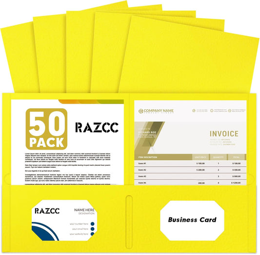 Two Pocket Folders, RAZCC 50 Pack 2 Pocket Folders Fit Letter Size Paper, Paper Folders with Pockets for School Office Business Home, Yellow