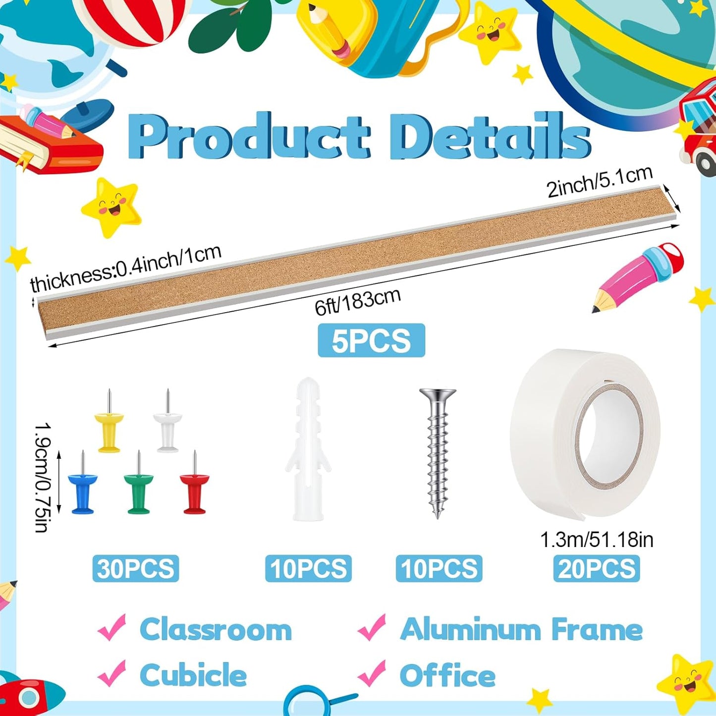 5 Pcs 72'' x 2" Cork Board Strip for Wall - Bulletin Bar Tack Board With Aluminum Trim - Brown Cork Strips for Classroom Office Walls Cubicle