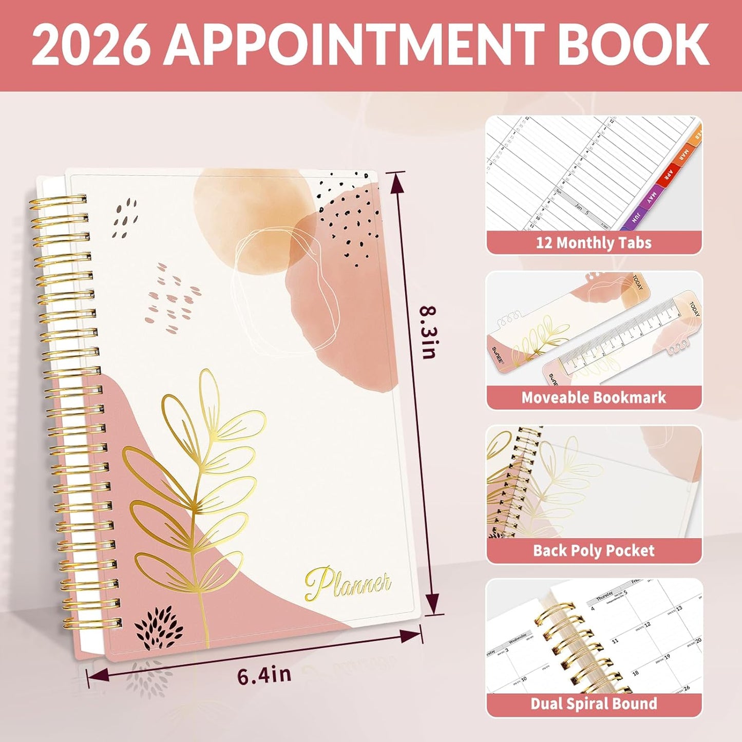 SUNEE 2026 Appointment Book, Quarter-Hourly, Weekly & Monthly - from January 2026 - December 2026, 6.4"x8.3" Weekly Planner, Flexible Cover, Note Pages, Pockets, Bookmark, Spiral Binding, Pink Breeze