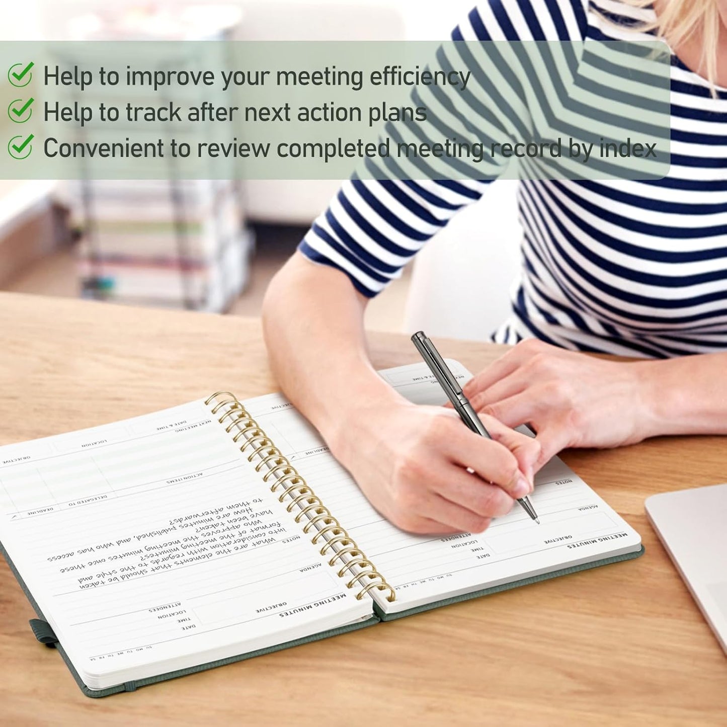 WEMATE Meeting Notebook for Work B5 (7"x10") - PU Leather Work Notebook with Agenda, Action Items & Notes - 200 Pages for Men&Women, Staff and Students, Meeting, Projects Planning - Olive Green