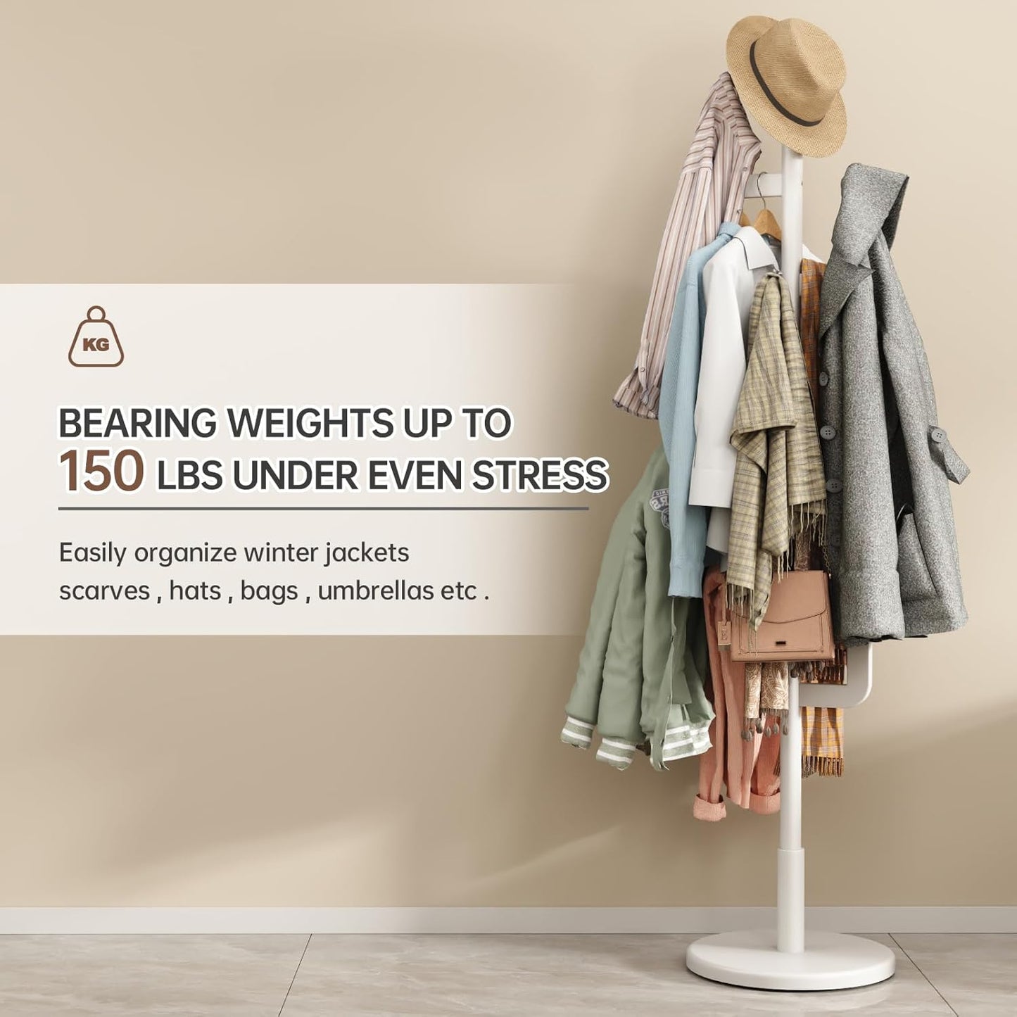 Solid Wood Cactus Coat Rack, Freestanding Coat Rack With 6 L-Shaped Hooks and 3 Adjustable Sizes, Coat Tree for Bedroom, Entryway, Livingroom, Coat Hanger Stand for Coats, Handbags (White)