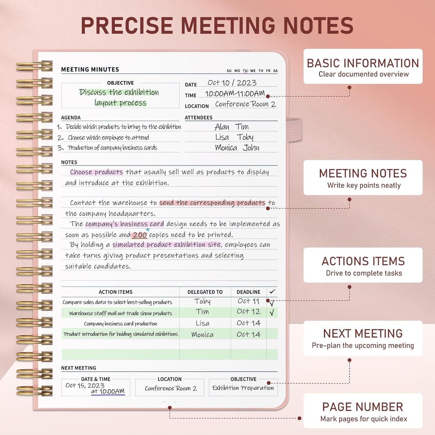 WEMATE Meeting Notebook for Work B5 (7"x10") - PU Leather Work Notebook with Agenda, Action Items & Notes - 200 Pages for Men&Women, Staff and Students, Meeting, Projects Planning -Rose Gold