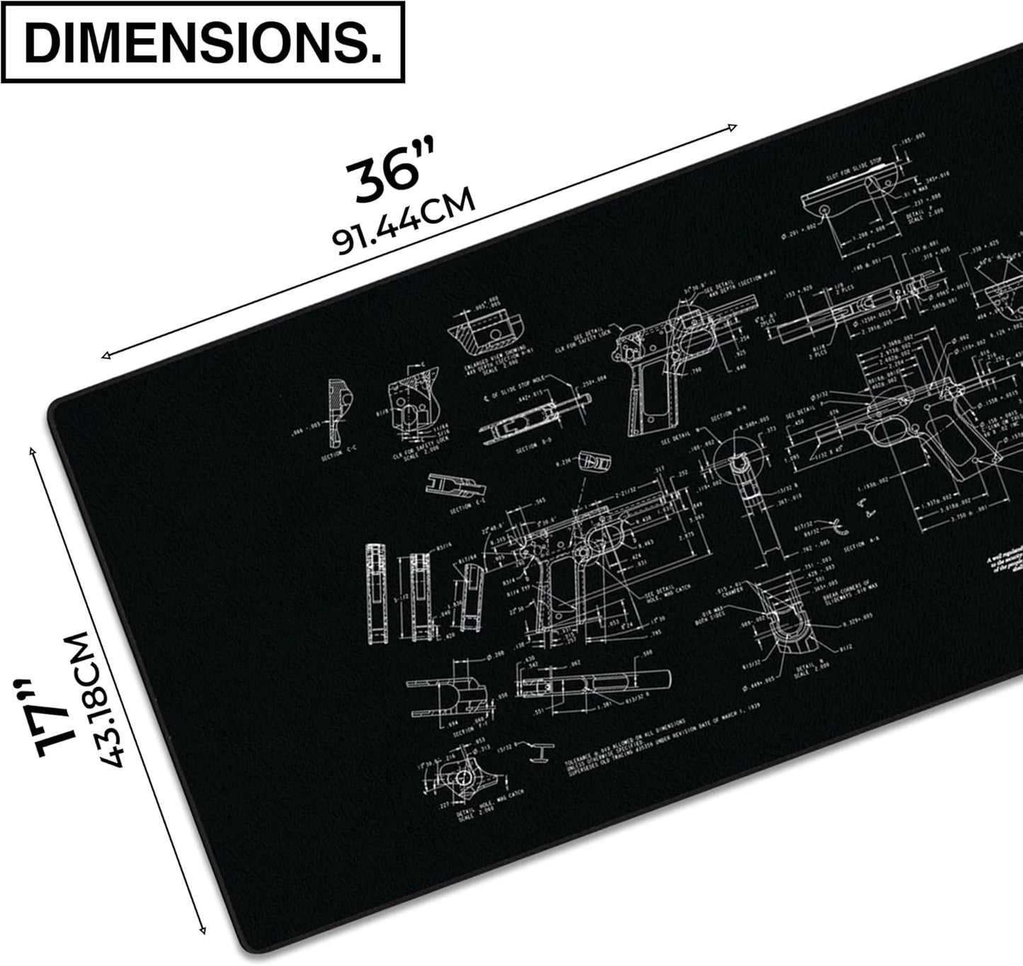 MPCO. Blueprints Large Gaming Desk Pad - 36" x 17" Aeroglyde Fabric Browning 1911 – Black Desk Mats - Non-Slip, Washable, Smooth Glide for Precision Gaming & Work