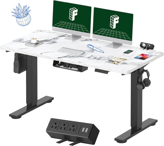 FLEXISPOT EN2 Whole-Piece Standing Desk with Clamp Power Strip, 55 x 28 Electric Stand Up Height Adjustable Desk with Cable Management (Black Frame + 55" Marble Grey Top, 2 Packages)