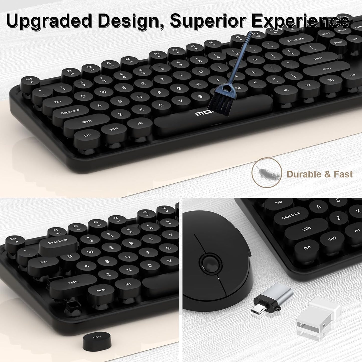 Wireless Keyboard and Mouse Combo, MOFII 104 Keys Full-Size Retro Round Keys Typewriter Keyboards Ergonomic Keyboards and Mouse Wireless for Windows, PC, Laptop, Desktop Black