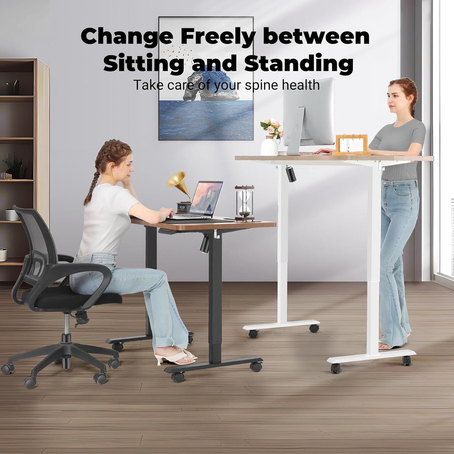 Electric Standing Desk 48 x 24 Inches Adjustable Height Ergonomic Sit Stand Up Desk Curved for Home Office Computer Workstation with 2 USB Ports 3 Power Outlets Memory Preset Wheels, Oak