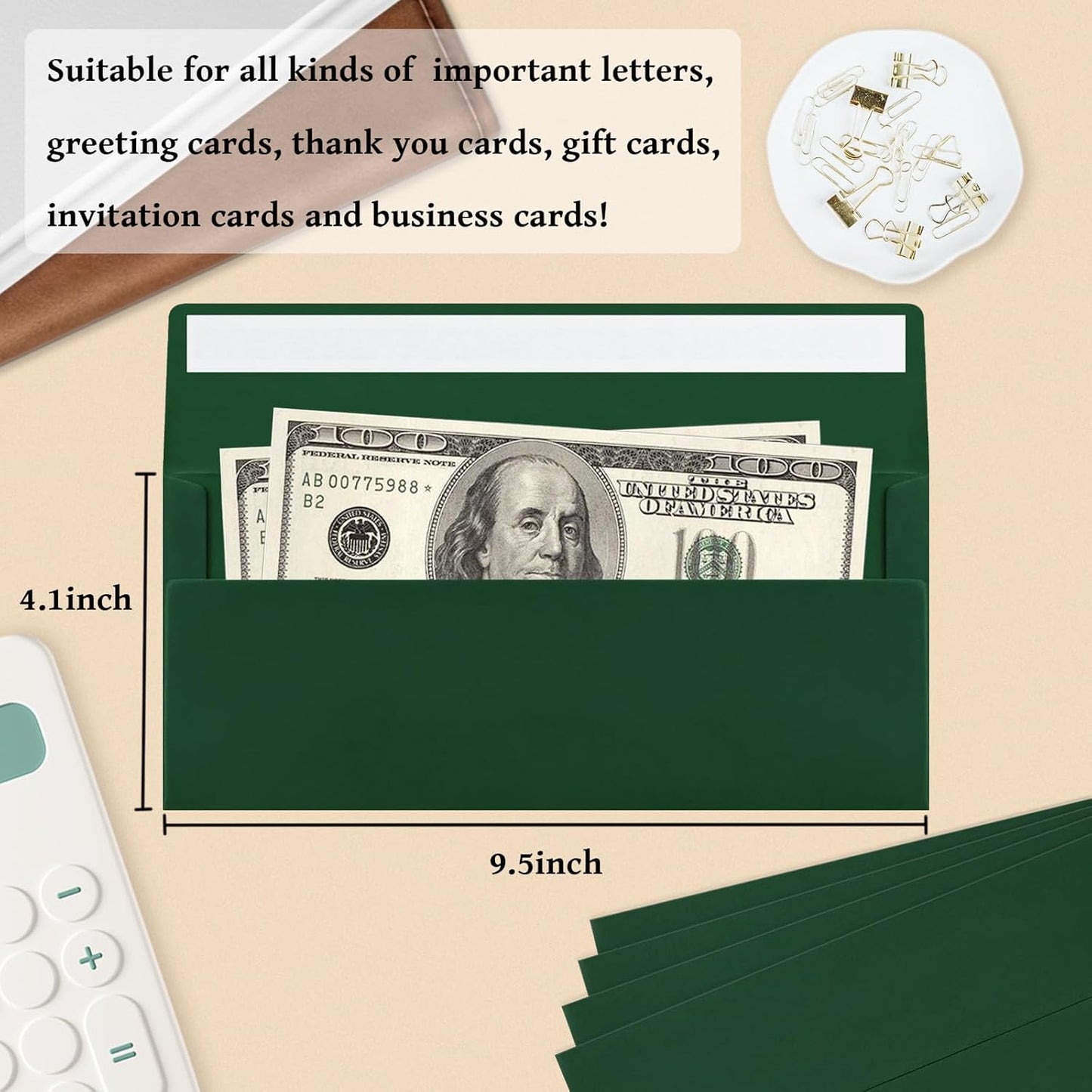 50 Pack #10 Business Envelopes, Dark Green Standard Envelopes Self Seal, Letter Size Mailing Envelopes for Checks Letters Invoices Statements Christmas Birthday Graduation Wedding, 4 1/8 x 9 1/2 Inch