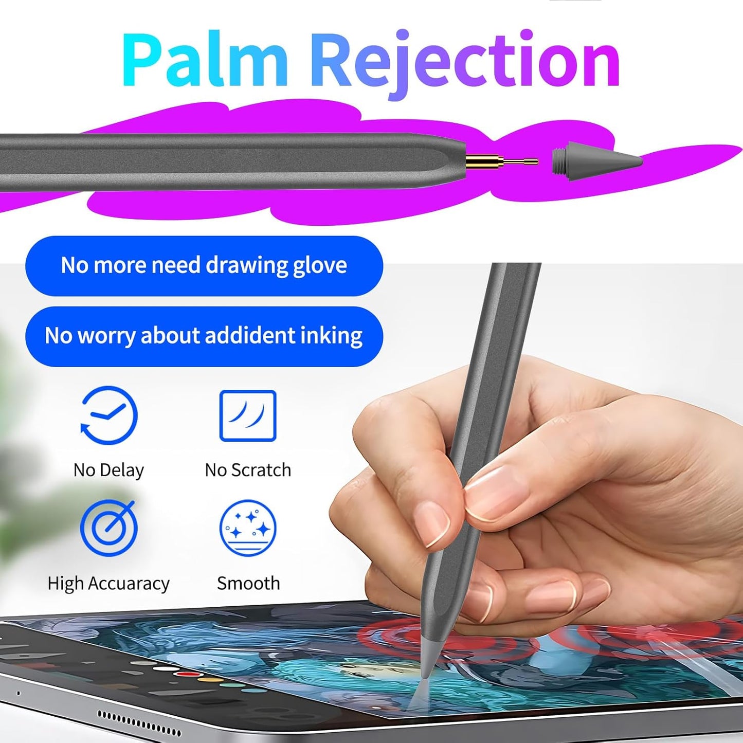 Stylus Pen for iPad, Fast Charging Pencil for Pad with Palm Rejection, Tilt Sensitivity for iPad 6-10, Pro 11"/12.9"/M4, Air 3/4/5/M2, Mini 5/6, Gray