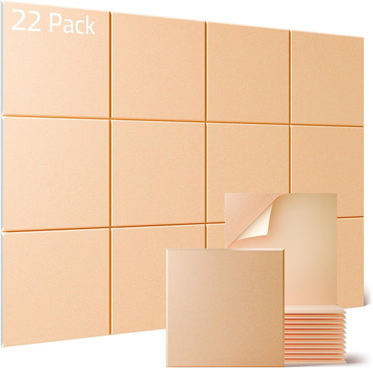 Sonicism 22 Pack Acoustic Wall Panels with Self-Adhesive, 12" X 12" X 0.4" Sound Proof Foam Panels, Decorative Soundproof Wall Panels, Sound Proof Absorbing Tiles for Home & Offices, Pale Apricot