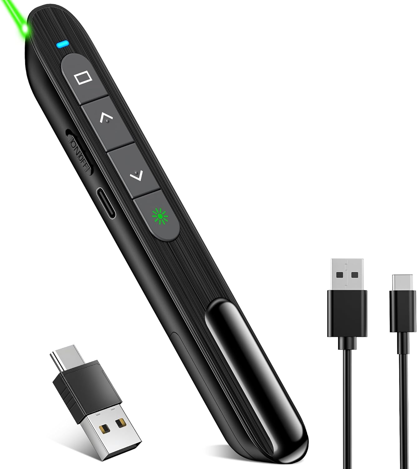 Presentation Clicker for Powerpoint with Green Light Pointer, 2-in-1 USB Type C Rechargeable Wireless Clicker with Hyperlink Volume Control, Pointer for Presentations Support Mac Windows