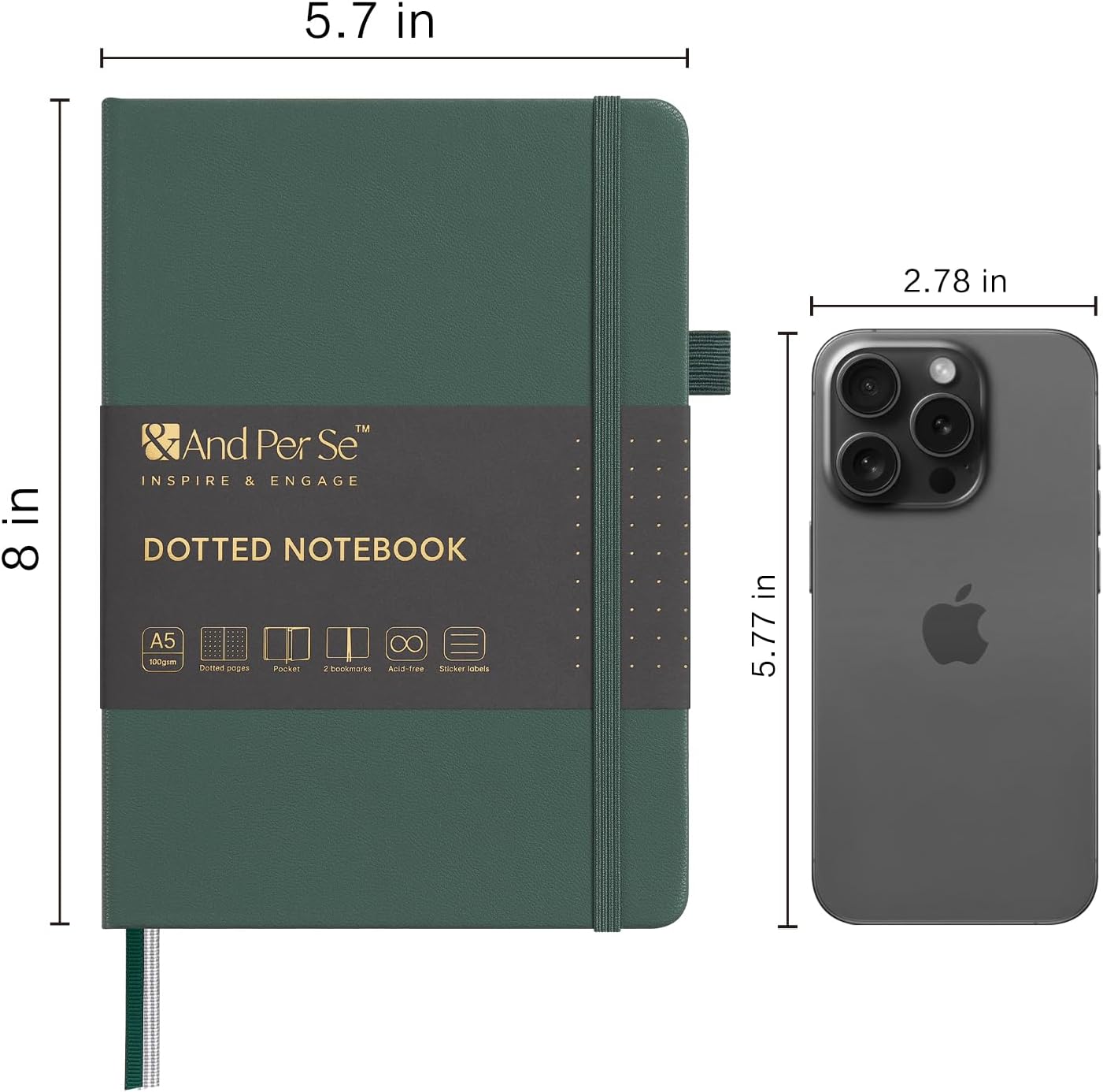 &And Per Se Dotted Journal Notebook, A5 Hardcover Leather Journal, 160 Pages 100 gsm Thick Dotted Paper，3 Sheets of Stickers Included - 5.7'' x 8''（Green）