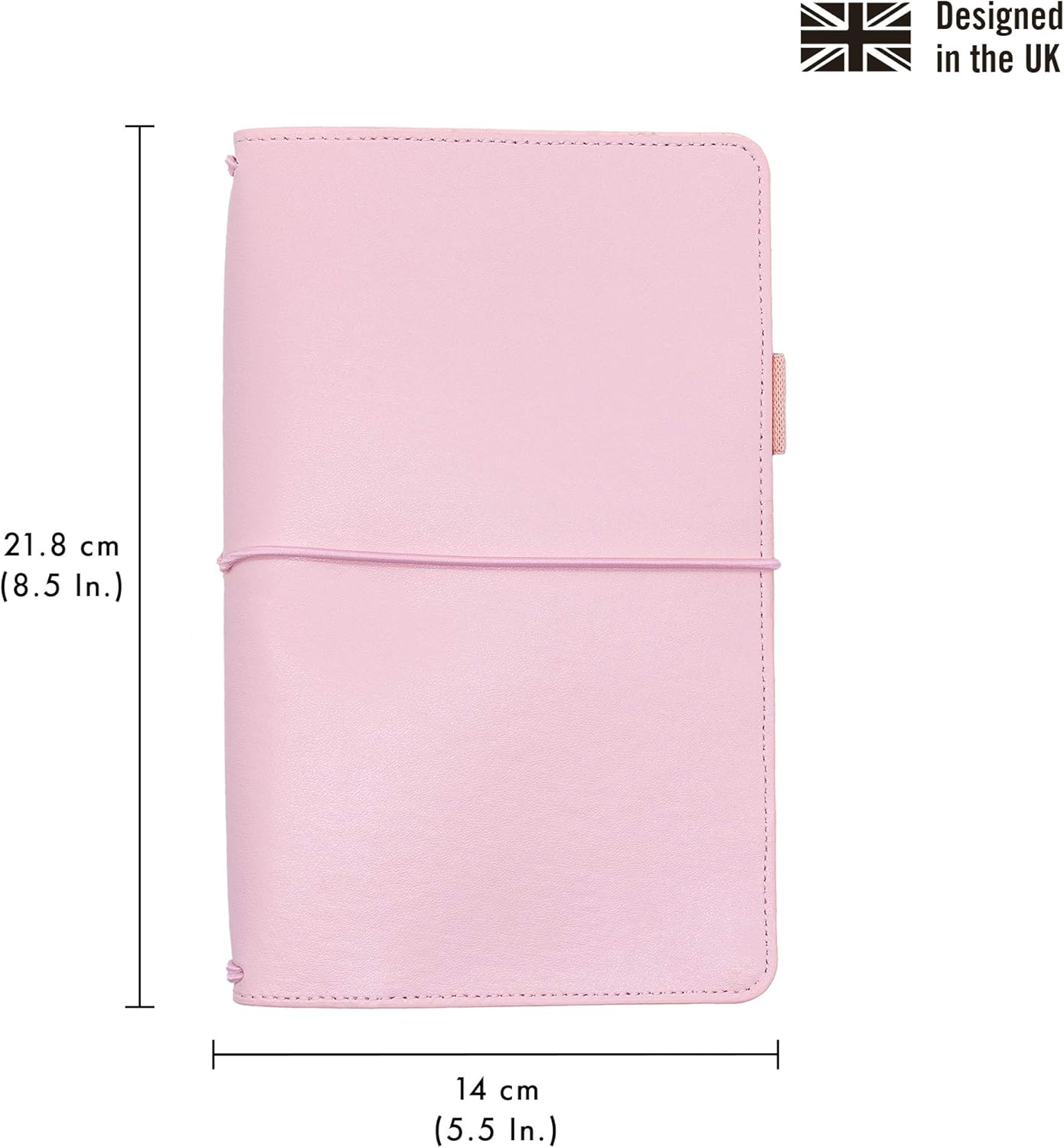 Pukka Pad, Carpe Diem Refillable Traveler’s Notebook Cover – Faux Leather Portfolio with Blank and Lined Notepads – Includes 6 Pockets, Pen Loop, and Elastic Closure – 8.5 x 5.5 Inches, Ballerina Pink