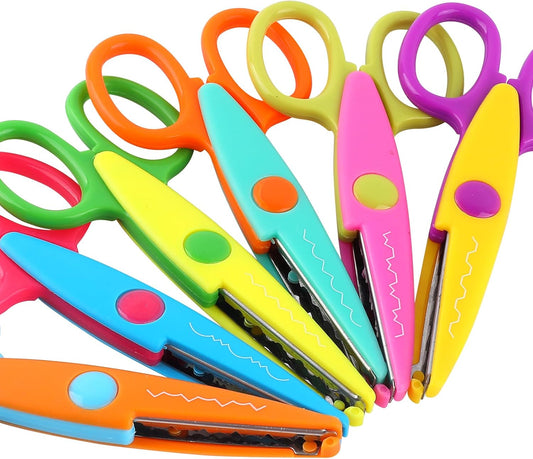 6 Pack Decorative Edge Scissors - 5" Safety Scissors with Zig Zag & Pattern Blades, Vibrant Colors for Crafting, School Supplies, Scrapbooking, Office & Kids Art Projects (Assorted Designs)