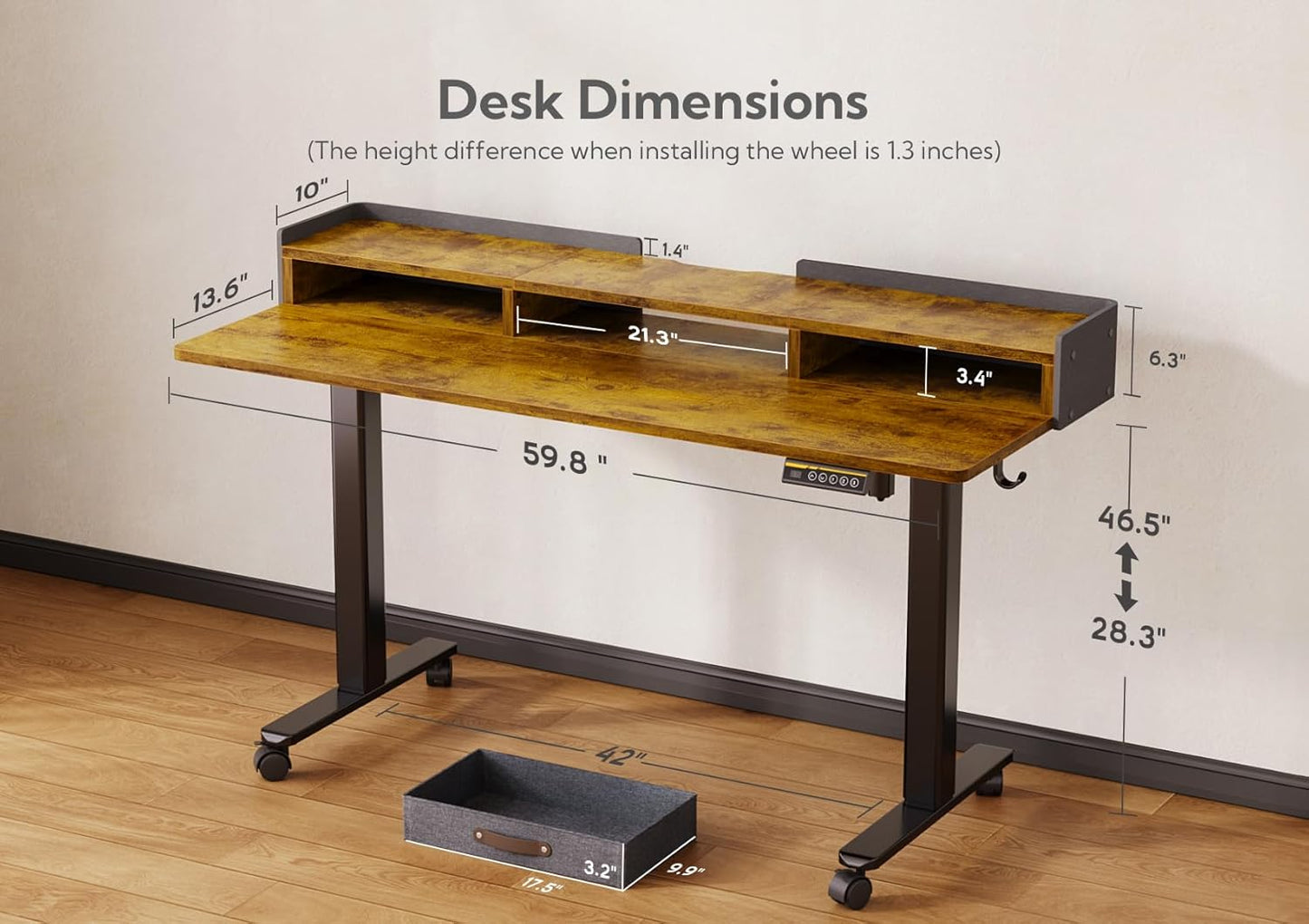 Claiks Standing Desk with Drawers, Adjustable Stand Up Electric Standing Desk Adjustable Height with Storage Shelf and Splice Board, 59 Inch, Rustic Brown