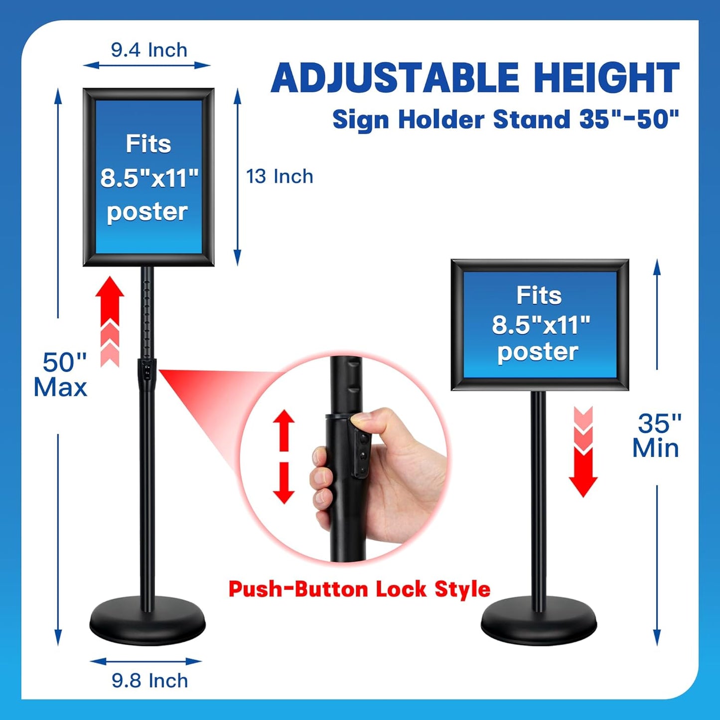 2Pack Sign Holder Stand - 8.5x11 Inch Adjustable Floor Standing Sign Stand for Display, Pedestal Poster Stand for Vertical & Horizontal View, Indoor & Outdoor Use for Business & Store - Black