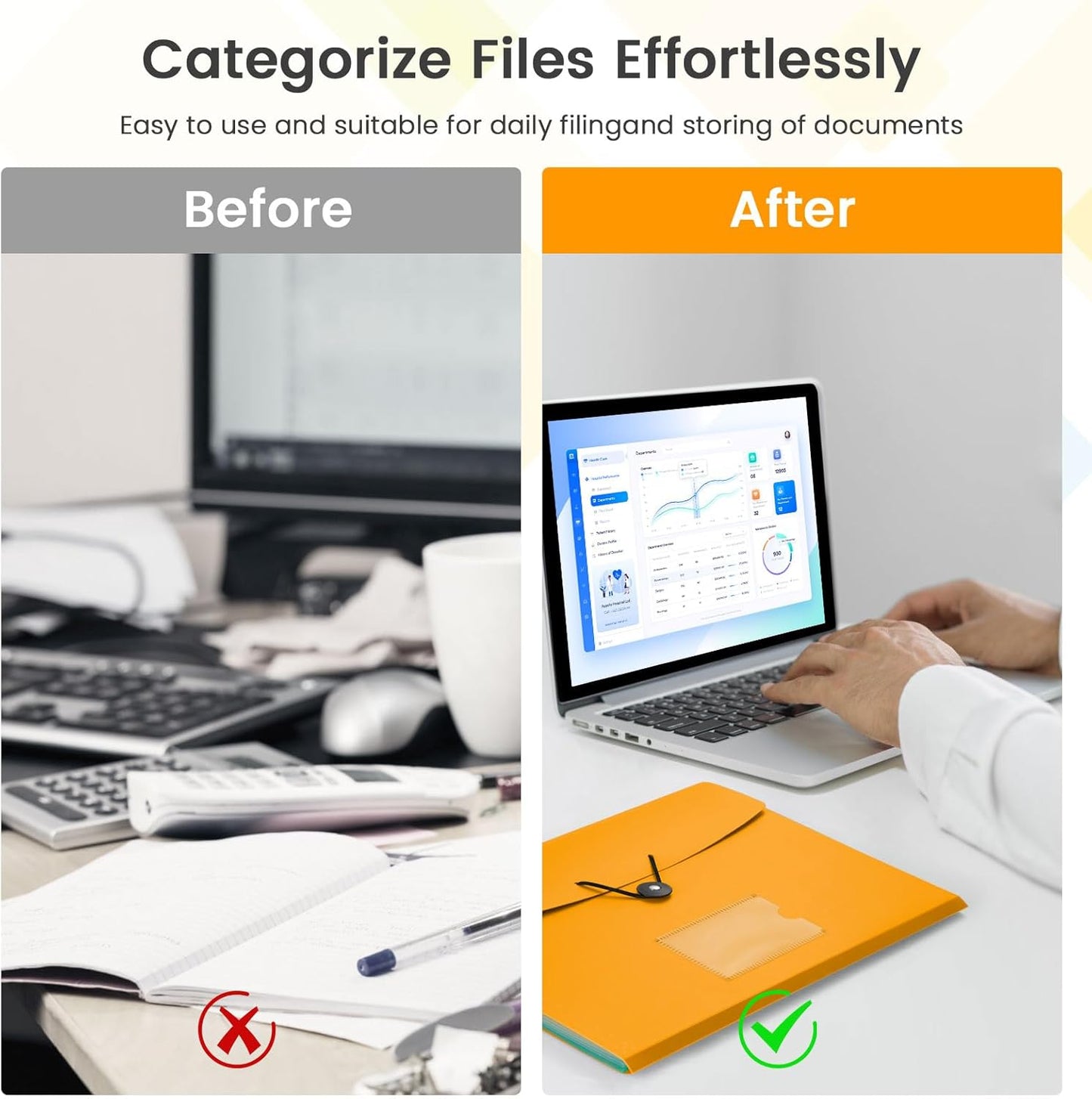 Accordion File Organizer, 7 Pockets Expanding File Folder with Labels, A4/Letter Size Portable Folders for Documents, Paper Organizer for School Office Supplies, Orange
