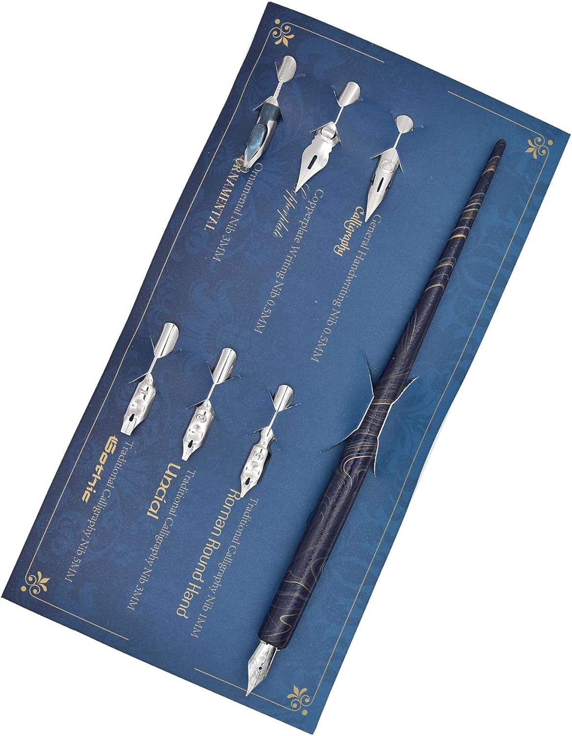 Gullor Wooden Dip Pen Calligraphy Set with Black Ink & 6 Nibs for Beginners, Kids, Writing, Signatures and Drawing, Blue