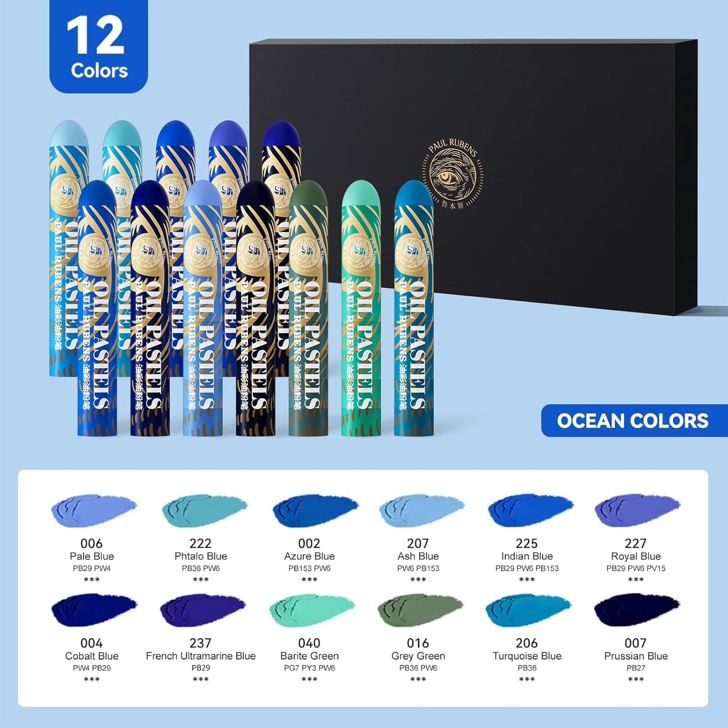 Paul Rubens Large Oil Pastels Set - 12 Ocean Colors (0.79" x 4.72" Jumbo Sticks), Vibrant, Creamy Texture and Blends Easily for Artists, Students and Professionals, Ideal for Filling in Large Areas