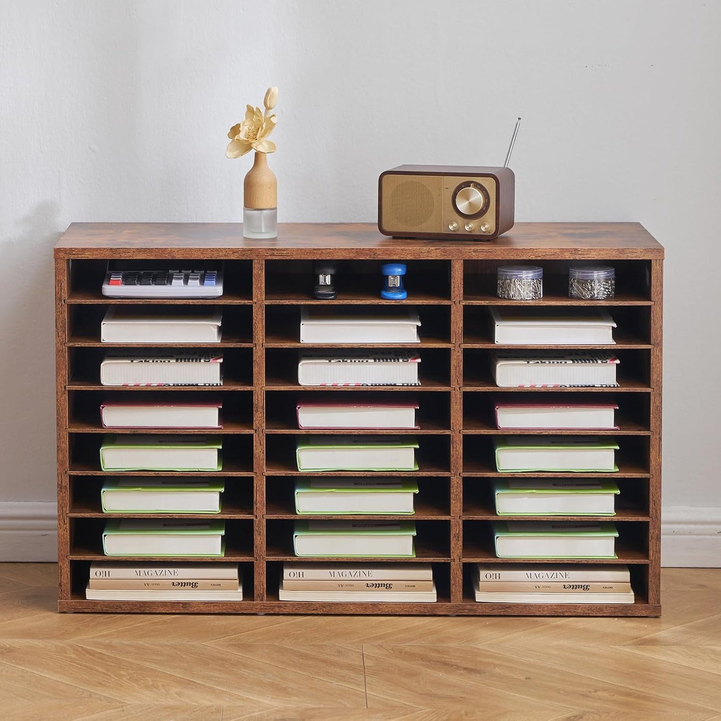 VEVOR Literature Organizer, 24 Compartments Office Mailbox with Removable Shelves, Wooden Mailbox Sorter Particle Board Office Home Classroom Storage, File Sorter for Documents, Papers, Retro Brown